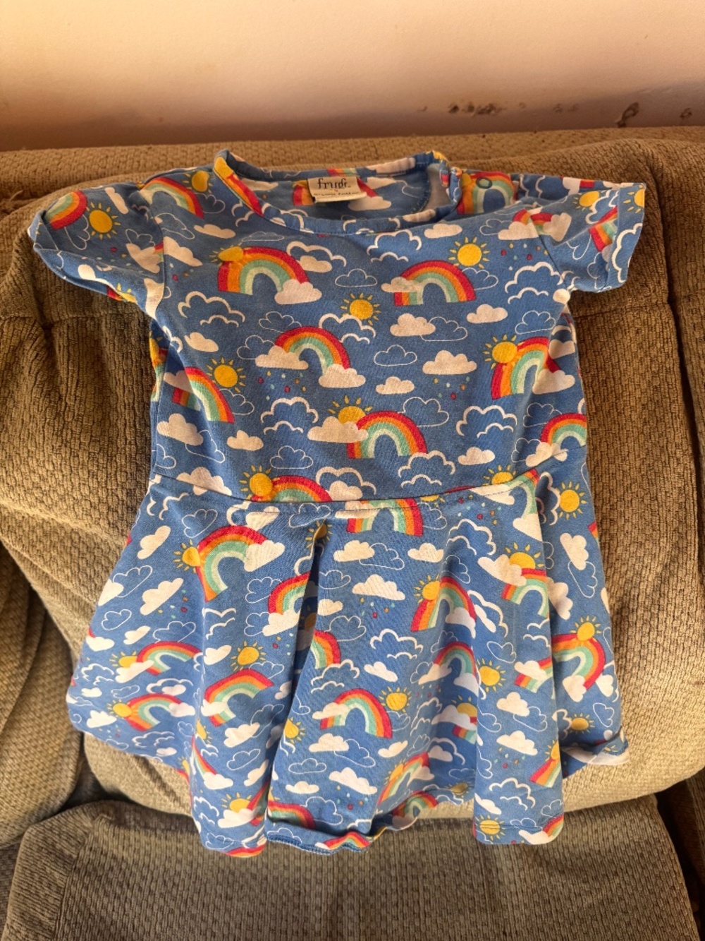 frugi organic cotton toddler 18-24 months Rainbow Print Blue Cotton Dress